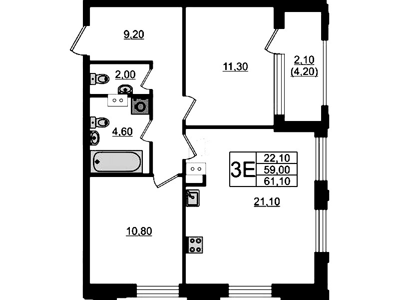 2-комнатная квартира 61.1 м², 13/13 эт., ЖК «Тайм Сквер»